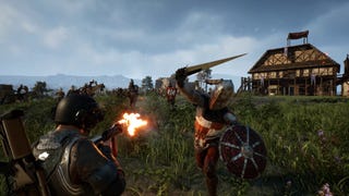 A screenshot from Kingmakers showing a medieval soldier firing an assault rifle at another soldier