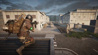 A screenshot from Lost Light, a military shooter by Netease, which shows a soldier crouching on a rooftop aiming his gun at an empty street in an industrial complex